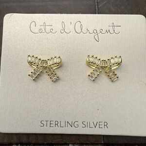 Cote d’ Argent Sterling Silver Crystals Bow Shape Stud Earrings In Gold Tone NEW